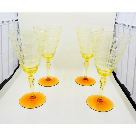 Utility Glass Works Cambodia Ware Vaseline Amber Foot Wine Water Goblet Pair 4 - Picture 1 of 15